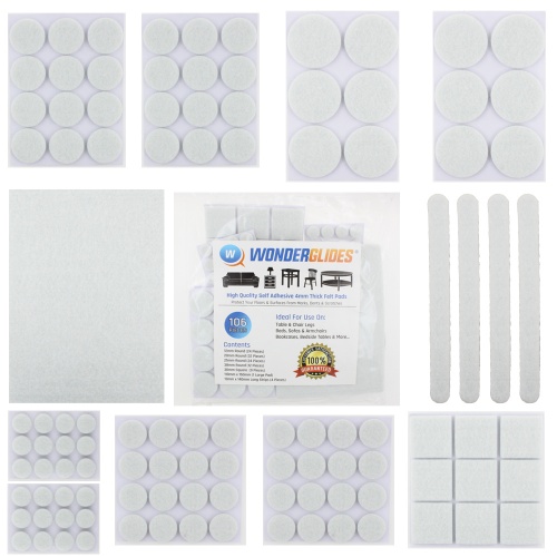 106pcs Assorted Self Adhesive Furniture Felt Pads - White